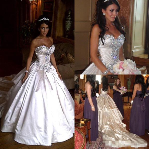Elegant Satin Pnina Tornai Wedding Dress Ball Gowns Sweetheart Ivory Sparkly Crystal Beaded Lace Up Chapel Train Bridal Gowns