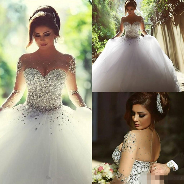 Luxury Crystals Long Sleeves Ball Gowns Wedding Dresses Rhinestones Lace Up Backless Arabic Bride Gown Sheer Neck Vestidos De Novia