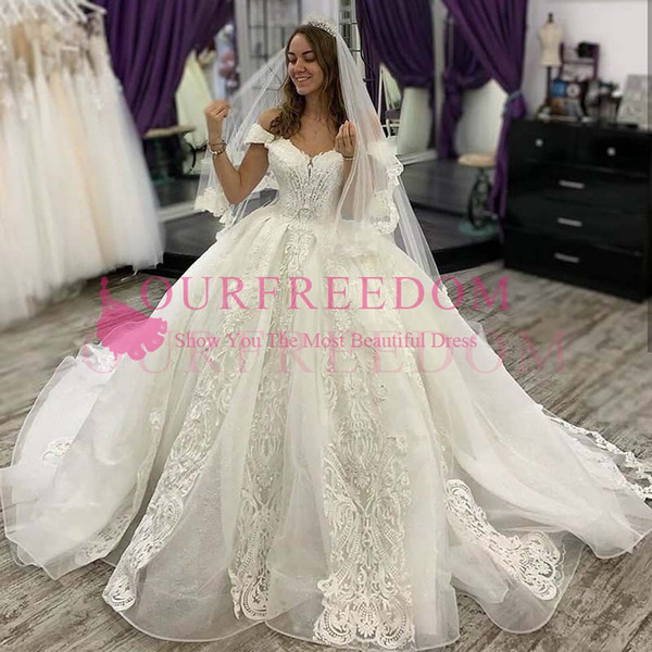 Luxury Lace Appliques Wedding Dress Off Shoulder Backless Ball Gown Bridal Wedding Gown Lace up Back vestido de noiva