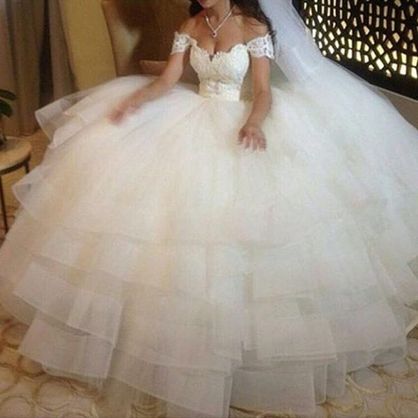 Gorgeous Off the Shoulder Sweetheart Ball Gown Bridal Dresses Lace Beading Layered Organza Princess Wedding Dress