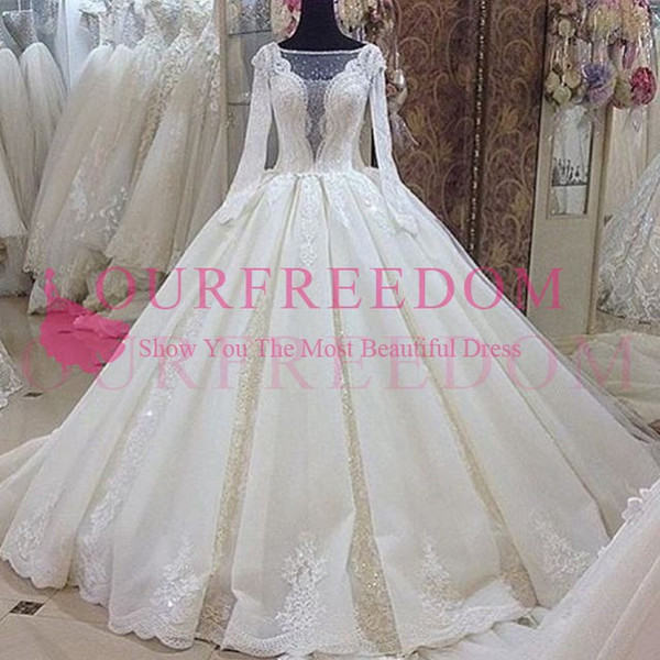 Royal Princess Sheer Jewe Neck Wedding Dresses Long Sleeve Lace Appliques Ball Gown Custom Made Church Bridal Gown Hot Sale