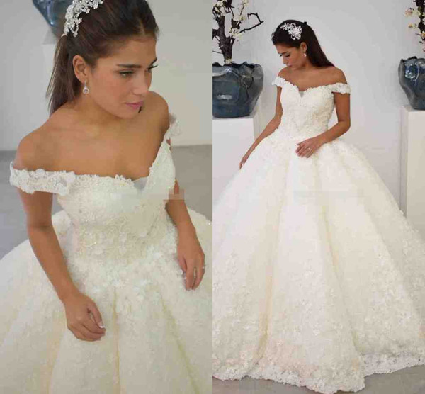 Gorgeous Ball Gown Wedding Dresses 3D Flora Appliques Arabic Off The Shoulder Bridal Gowns Custom Made Ruffles Satin