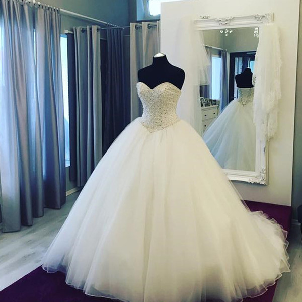 Romantic Wedding Dresses Pearls Beaded Sweetheart Organza Wedding Dresses Ball Gowns Real Photo Bride Dresses