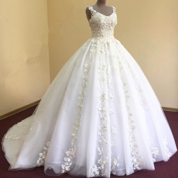 Elegant Real Photo Wedding Dresses Princess 3d Floral Ball Gown Appliques Lace Tulle Plus Size Bridal Gowns 