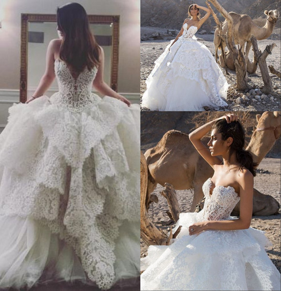 Fashion Modest Sweetheart Neck Ball Gown Wedding Dresses Exquisite Lace Beading Crystals Muti-Layers Bridal Wedding Dresses Custom Made