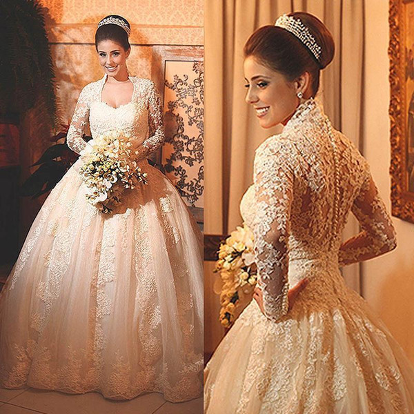 Vintage Princess Scoop Neck Long Sleeve Wedding Dresses Lace Appliques Ball Gown White/Ivory See Though Bridal Gown Custom Made New