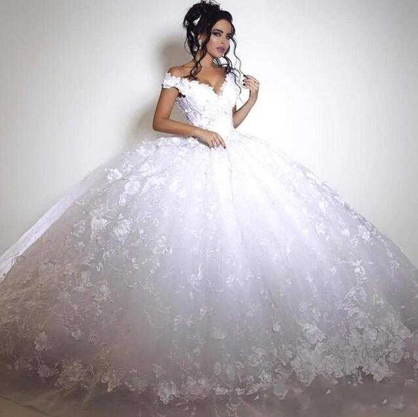 Gorgeous New Off The Shoulder 3D Flora Wedding Dresses Ball Gown Arabic Dubai Style Bridal Gown Custom Made Hot Sale