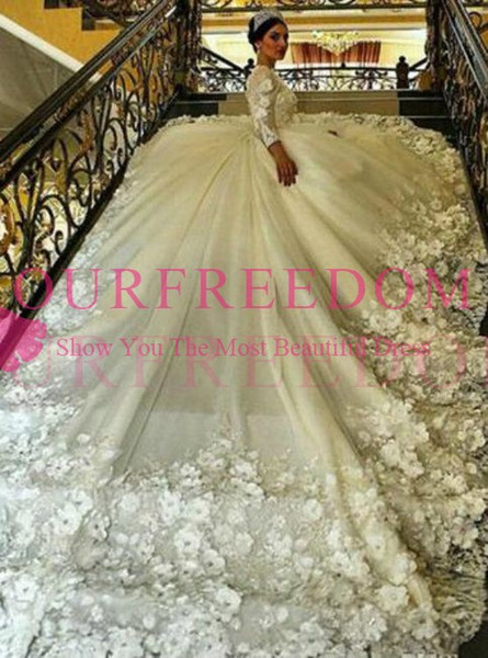 New Muslim Ball Gown Wedding Dresses Luxury Lace Beaded Applique handmade 3D floral Long Sleeve cathedral arabic Wedding Gowns