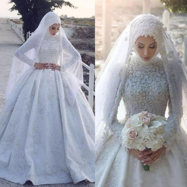 Muslim Ball Gown Newest High Neck Muslim Wedding Dresses Long Sleeve Lace Satin Bridal Wedding Gowns Bride Dresses Vestido De Novia