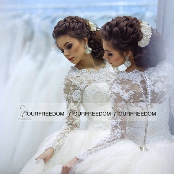 Luxury Jewel Lace Wedding Gowns Long Sleeves Gorgeous Beading Appliques Tulle Cover Buttons Chapel Train Bridal Gowns Wedding Dresses