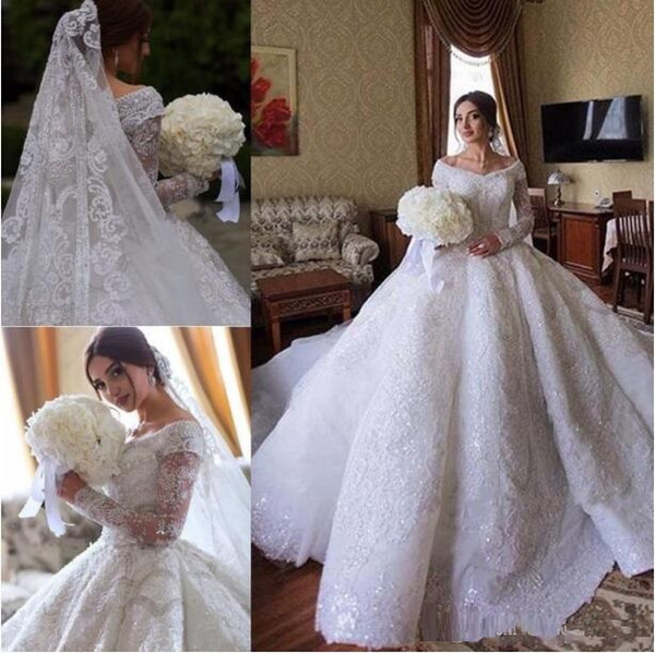 Custom Made Luxury Lace Ball Gown Wedding Dresses Saudi Arabia Off The Shoulder Long Sleeve Full Lace Appliqued Sequins Bridal Gowns