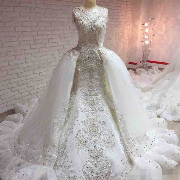 Vintage Beaded Crystals Ball Gown Wedding Dresses With Detachable Train Jewel Neck Lace Appliques Real Photos Bridal Wedding Gowns