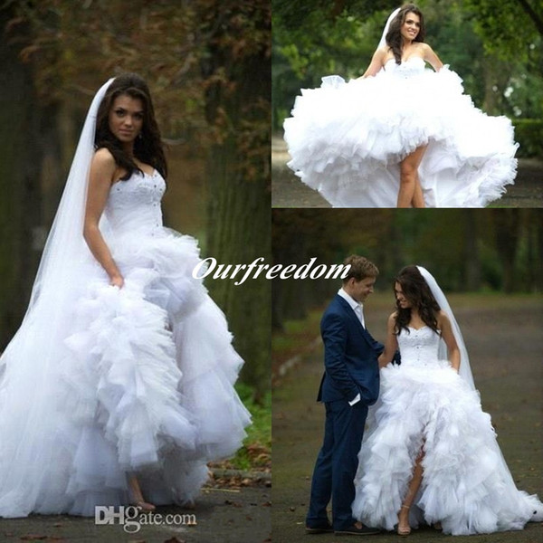 Hi-lo A Line Wedding Dresses Beach Short Princess Ball Gown Sexy Backless Sweetheart Sequins Puff Tiered Skirts Wedding Dress