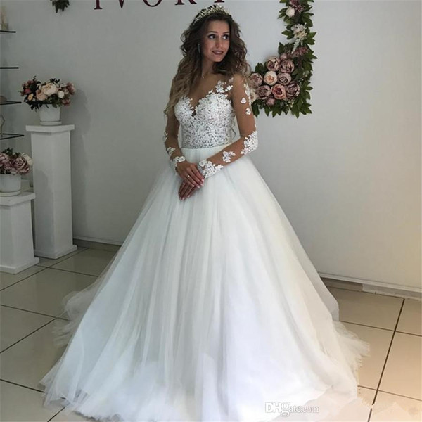 Sheer Long Sleeves Wedding Dresses Suknia Slubna Illusion Bodice Vintage Wedding Gowns with Sweep Train