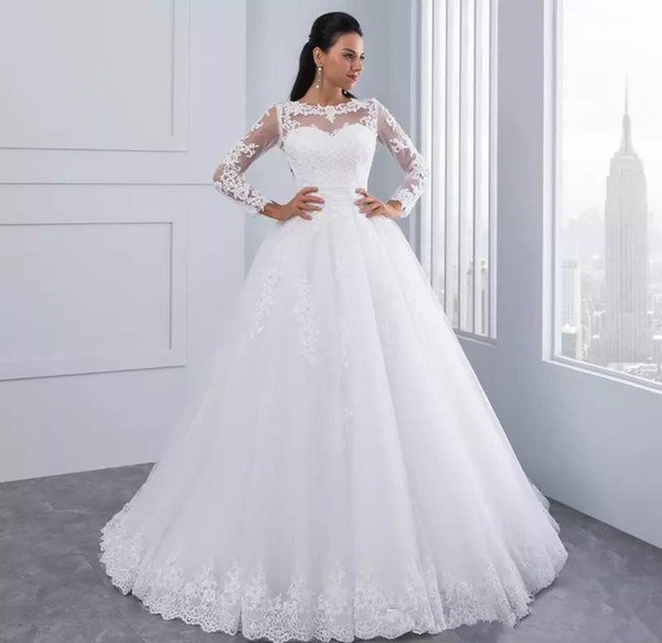 Ball Gown Wedding Dresses Illusion Bodice Lace Appliques Long Sleeves Bridal Gowns Crystal Sashes Vestido De Novias