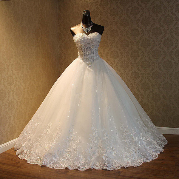 Lace Tulle Sweetheart Ball Gown Wedding Dress With Crystal Floor Length Lace Up Bridal Gowns