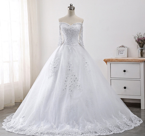 Off Shoulder Wedding Dresses with Sequined Appliques Half Sleeves Wedding Gowns Lace Up Bride Dress Real Photo