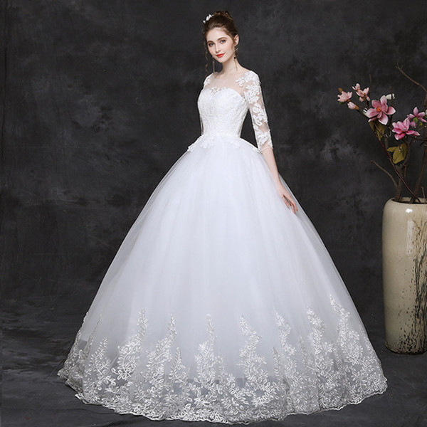 Wedding Gowns vestido novia Scoop Neck Tulle Ball Gown Wedding Dresses 3/4 Long Sleeves Bride Dress