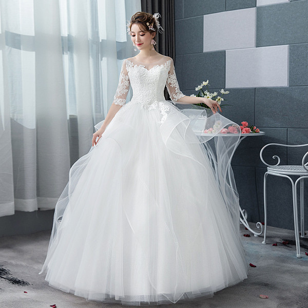 Half Sleeves Organza Ball Gown Wedding Dress Lace Appliques Bridal Gowns Floor Length Bride Dresses