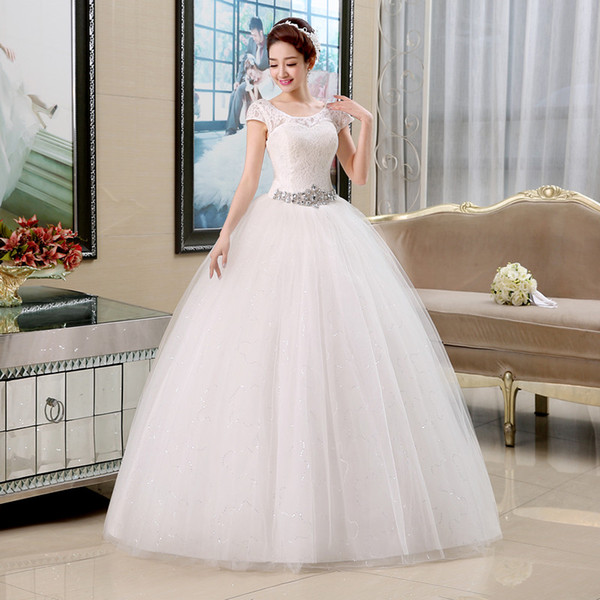 Short Sleeves Wedding Dresses with Crystal In Stock Lace Tulle Wedding Gowns Ivory White Bride Dress