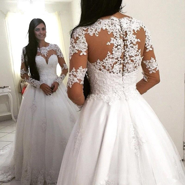 Long Sleeves Wedding Dresses with Lace Appliques Illusion Bodice Wedding Gown Button Back Bride Dress