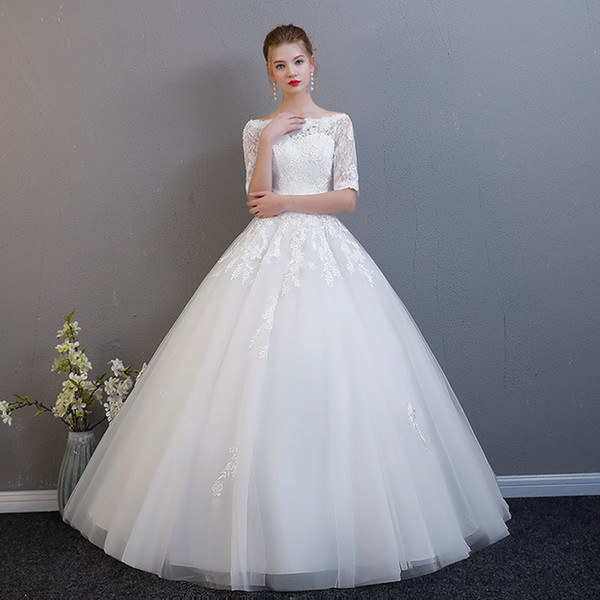 Simple Half Sleeves Tulle Ball Gown Wedding Dresses with Lace Vestidos De Novia Ivory White Bride Dress