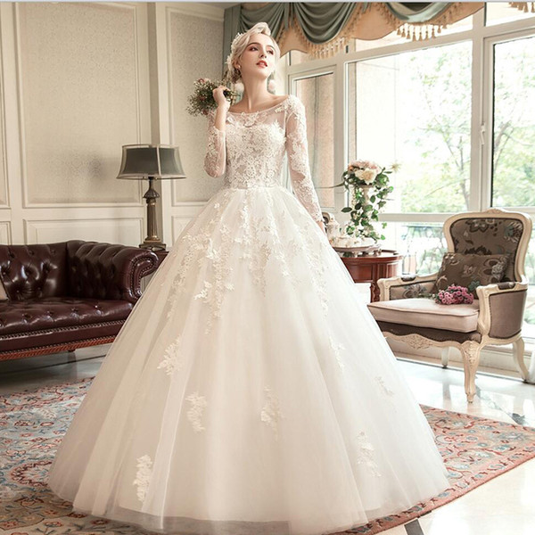 3/4 Long Sleeves Wedding Dresses Ivory White Floor Length Wedding Gowns with Appliques vestido de noiva