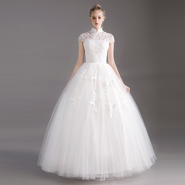 Vintage Ball Gown Wedding Dresses Short Sleeves Wedding Gowns High Neck Bride Dress In Stock