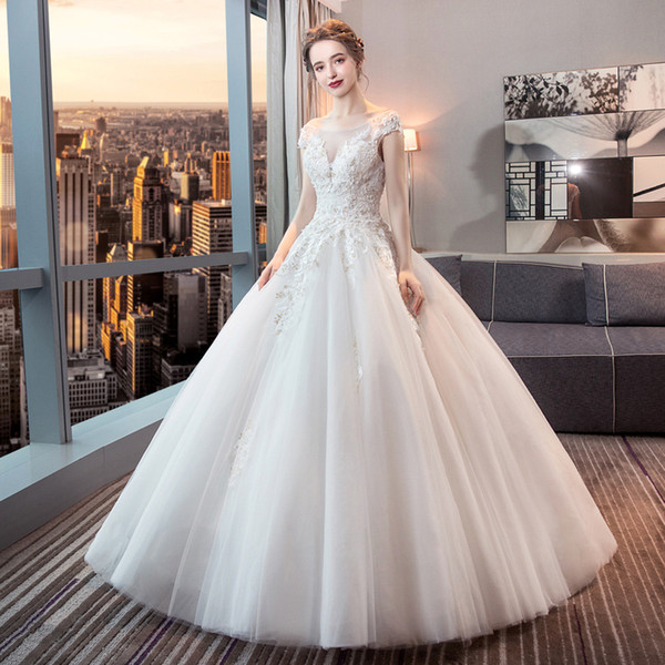 Scoop Neck Tulle Ball Gown Wedding Dresses with Lace Appliques Floor Length Bride Dress vestidos de novia