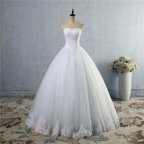 Real Photo Ball Gown Sweetheart Tulle with Lace Appliques Wedding Dresses Floor Length Simple Wedding Gowns