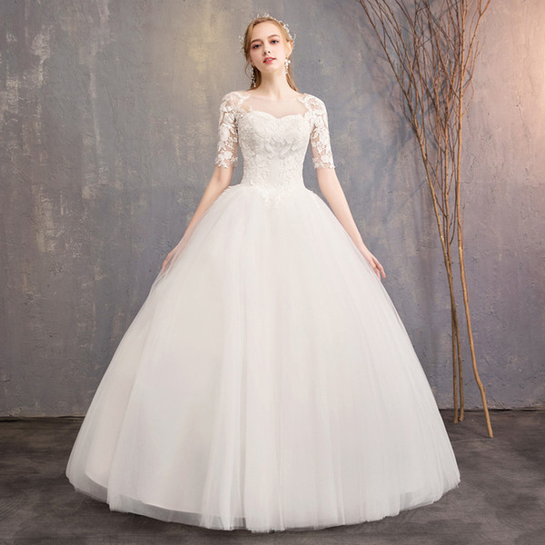Short Sleeves Ball Gown Wedding Dresses In Stock Lace Tulle Wedding Gowns Ivory Bride Dress