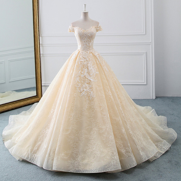 Champagne Off Shoulder Ball Gown Wedding Dresses Bling Sweep Train Wedding Gowns vestido de novia