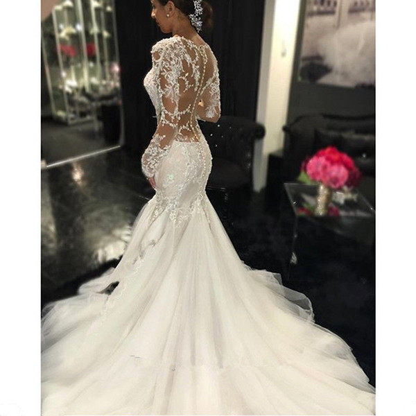 Lace Appliques Mermaid Wedding Dresses Long Sleeves Bridal Gowns Sweep Train robe de mariee sirene