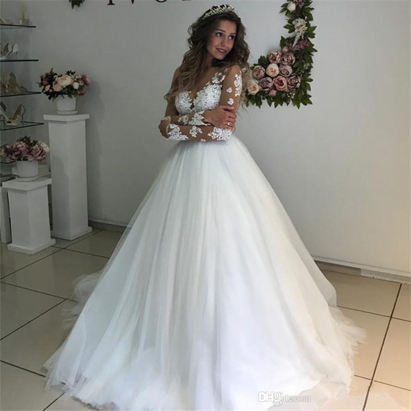 Lace Appliques Long Sleeves Ball Gown Wedding Dresses Sheer Back Bridal Dress vestidos de novias