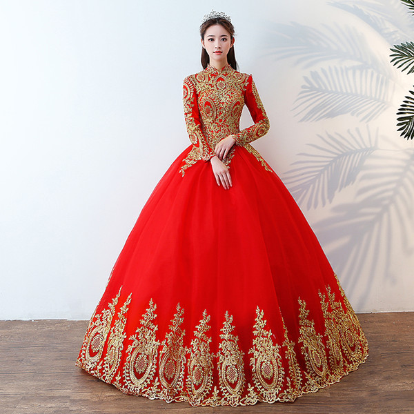 Red Muslim Wedding Dresses with Gold Lace Appliques Long Sleeves Wedding Gowns Lace Up Bride Dress