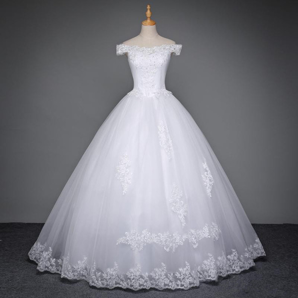 Lace Applique Ball Gown Wedding Dresses Princess Waist Bridal Gown Lace Up Bride Dress White/Ivory