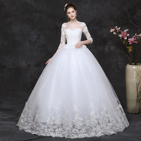 3/4 Sleeves Tulle Ball Gown Wedding Dresses with Lace Appliques Matrimonio Floor Length Wedding Gowns vestido novia