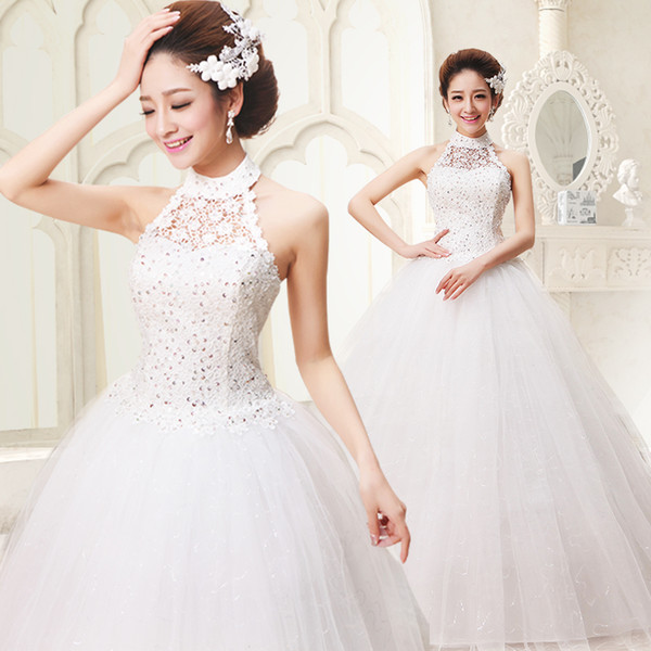 Halter Neck Tulle Ball Gown Wedding Dresses Bling Lace Wedding Gowns In Stock Bride Dress