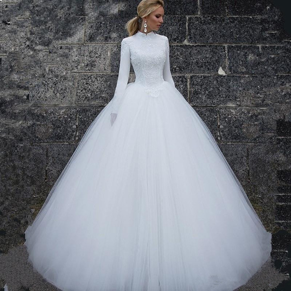 Long Sleeves Tulle Ball Gown Wedding Dress Vintage Wedding Gowns Lace Appliques Bride Dresses White Ivory