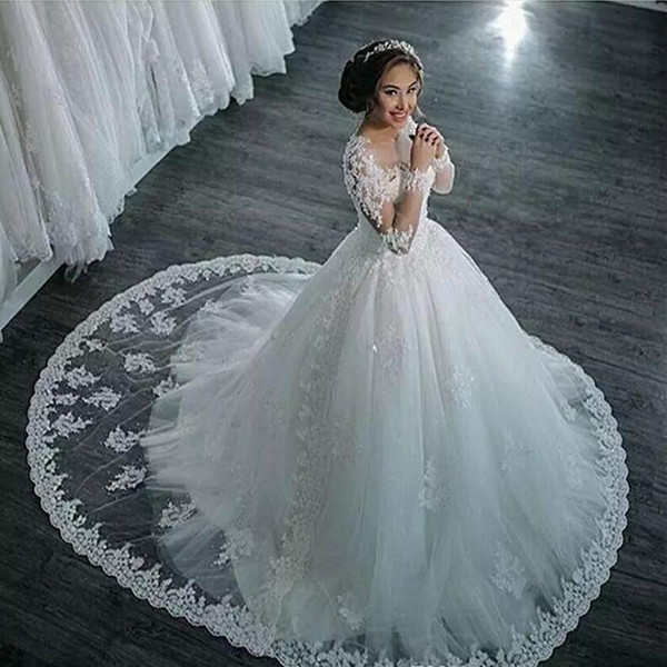 Jewel Neck Lace Appliques Ball Gown Wedding Dresses Long Sleeves Bridal Gowns Sweep Train Bride Dress vestido de novia corto