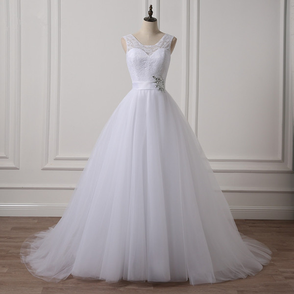 Scoop Neck Tulle Ball Gown Wedding Dresses with Lace Crystal Floor Length Wedding Gowns robe de mariage