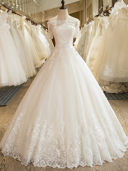 Boho Off Shoulder Tulle Wedding Dresses with Lace Appliques Short Sleeves Bridal Dress vestido de noiva