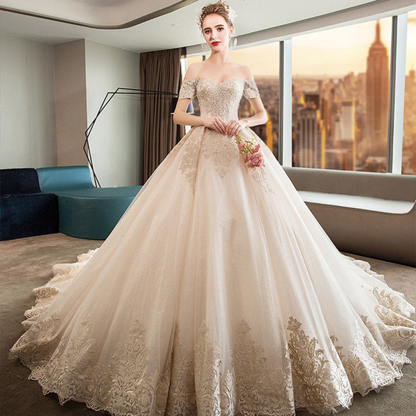 Champagne Off Shoulder Tulle Ball Gown Wedding Dresses with Appliques Lace Up Wedding Gown suknia slubna