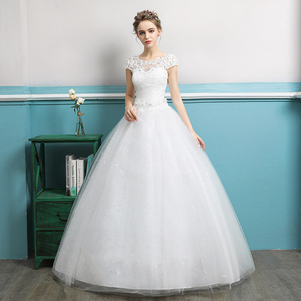 Scoop Neck Tulle Ball Gown Wedding Dresses In Stock Floor Length Bride Dress Lace Up Wedding Gowns