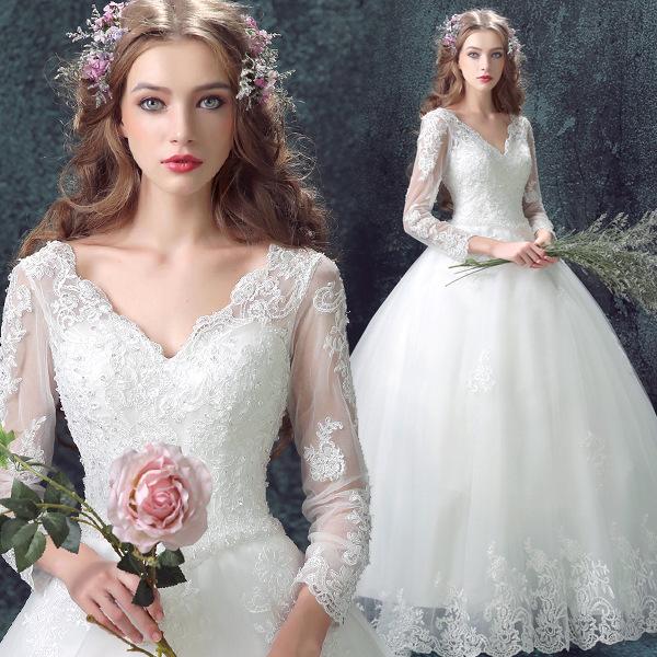 Ball Gown V Neck Tulle Wedding Dresses with Lace Appliques 3/4 Long Sleeves Bride Dress