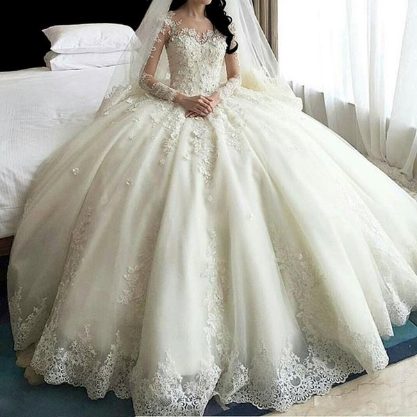 Dubai Ball Gown Wedding Dresses New Long Sleeves Muslim Lace Appliques Wedding Gowns Bridal Dress