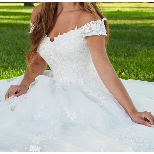 Fancy Wedding Dresses Off the Shoulder Lace Tulle Ball Gown Wedding Dresses High Waist Bridal Gowns White/ivory Wedding dress