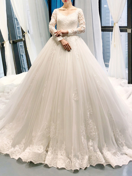 Gorgeous Lace Long Sleeves Wedding Dress Ball Gown Sweetheart Zipper Back Court Train Lace Wedding Gowns