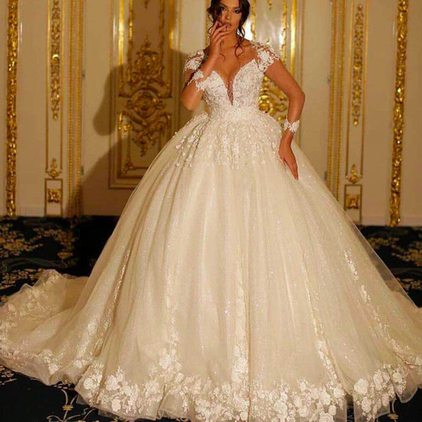 ball gown wedding dresses long sleeve lace appliques puffy bridal dresses vestidos de noiva beaded