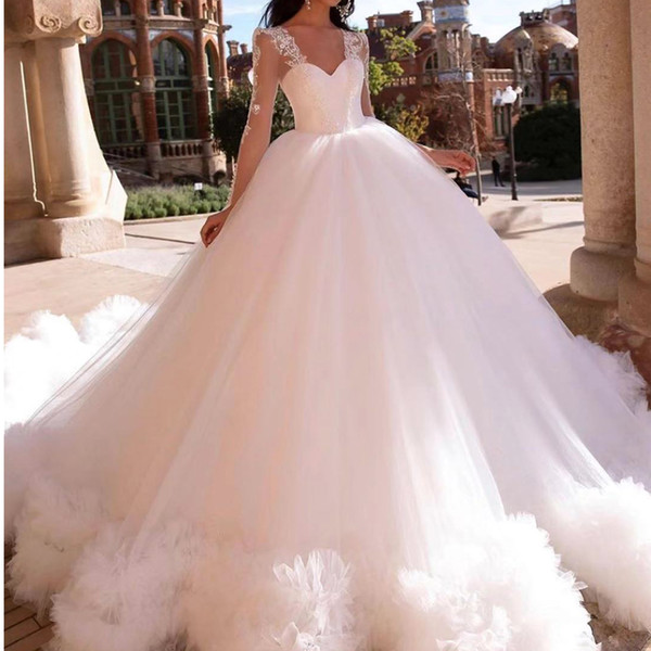 lace wedding dresses ball gown long sleeve ball gown tulle tiered puffy bridal dresses vestidos de noiva